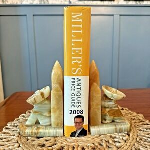 Vintage Mexican Alabaster Marble Bookends – Siesta Man & Cactus Pair – 7" Tall